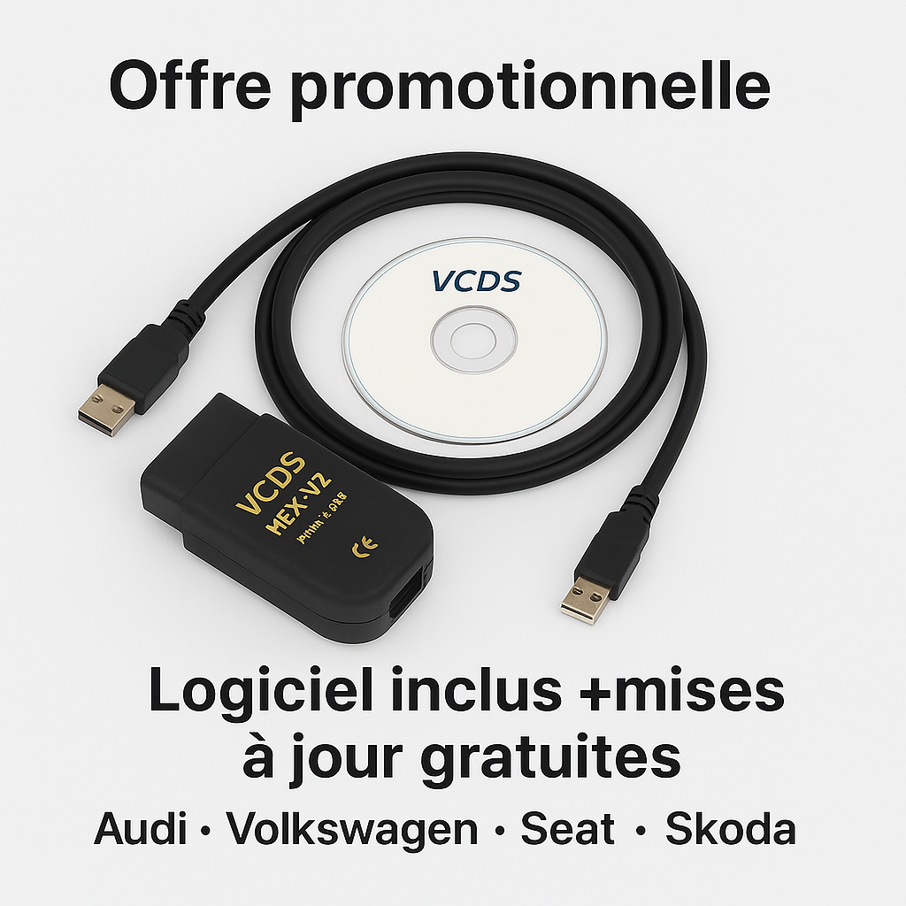 Interface VCDS HEX-V2 avec câble USB et CD, compatible Audi, Volkswagen, Seat et Skoda. Logiciel inclus et mises à jour gratuites.